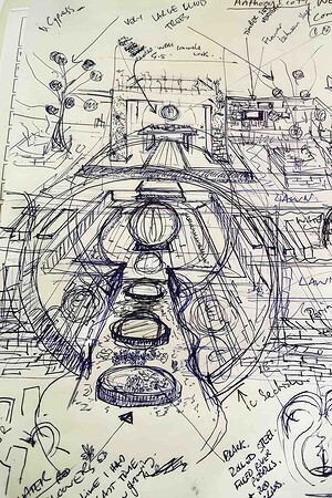 Hand-drawn design sketch showing circular moon gate garden layout with annotations for Mandala Moon Gate Garden, Nagasaki