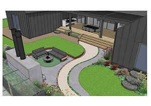 3D design render showing modern backyard with curved lawns, fireplace, outdoor seating and timber deck at Daylesford