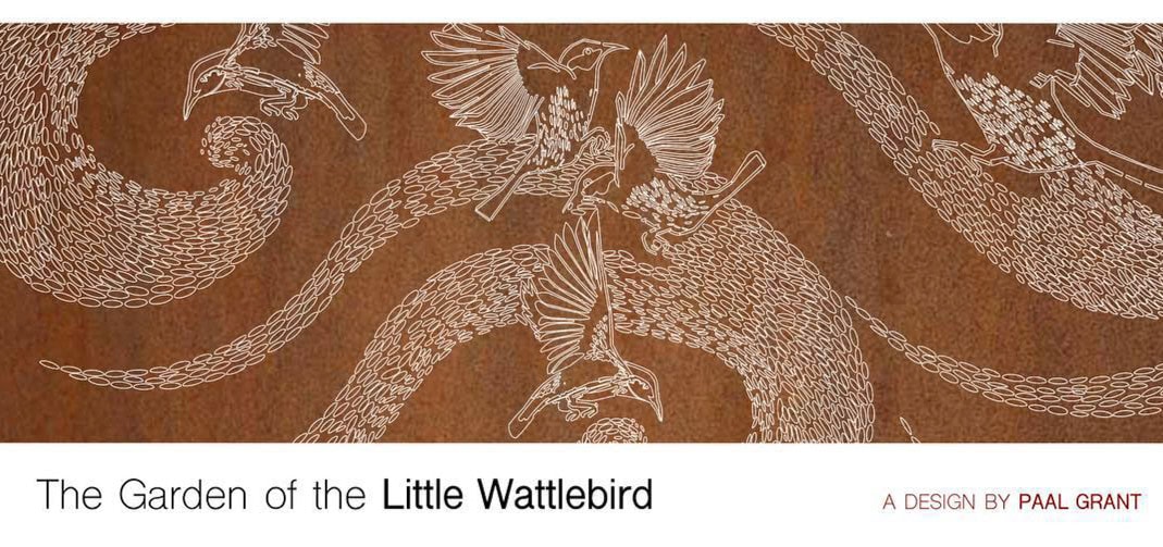 Detailed line drawing of wattlebirds in flight on brown textured background for award-winning Nagasaki garden project
