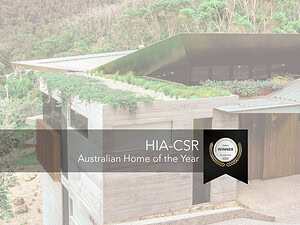 Horizon at Separation Creek overlooking the Southern Ocean with corten steel terraces and award badge for 2024 HIA-CSR Australian Home of the Year.