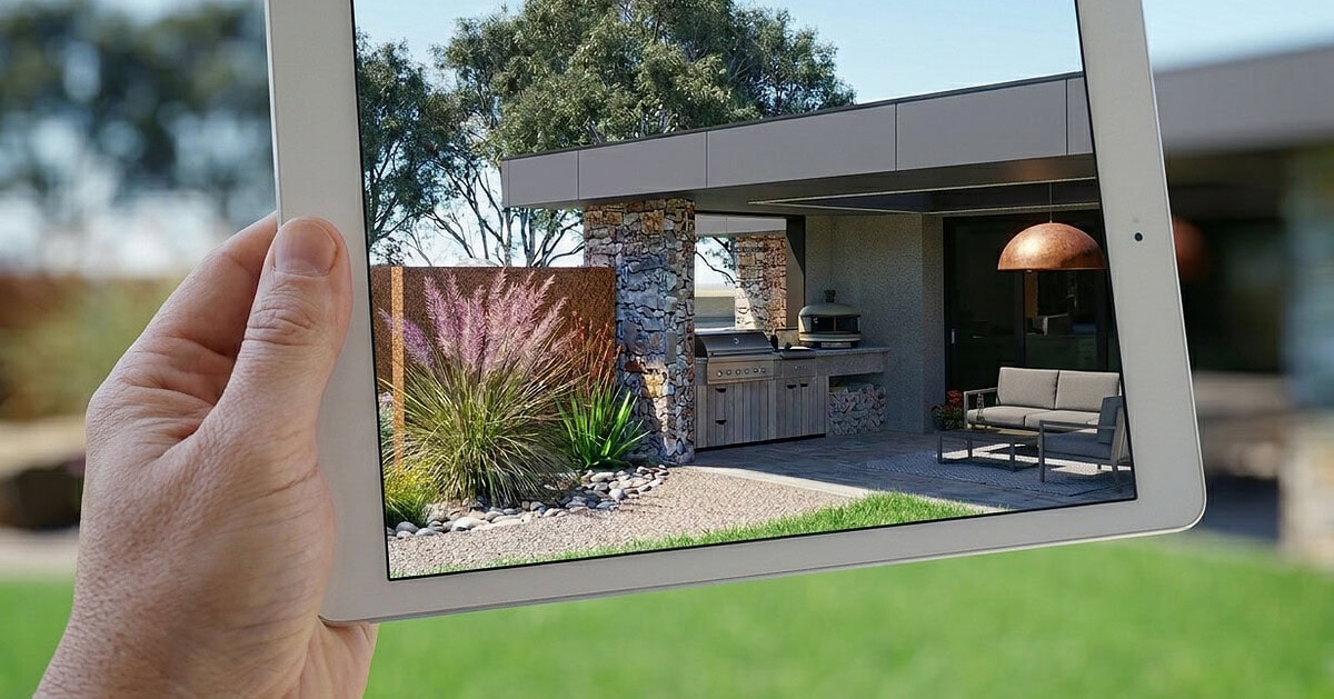 Tablet showing augmented reality view of contemporary native garden design at Mount Sturgeon, Grampians