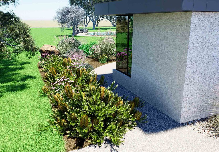 Modern home with curved concrete walls and native plantings at Mount Sturgeon, Grampians, featuring mounded garden beds