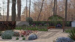 Curved metal arbour frames gravel pathway through native plantings with embedded boulders in Dunkeld Grampians garden