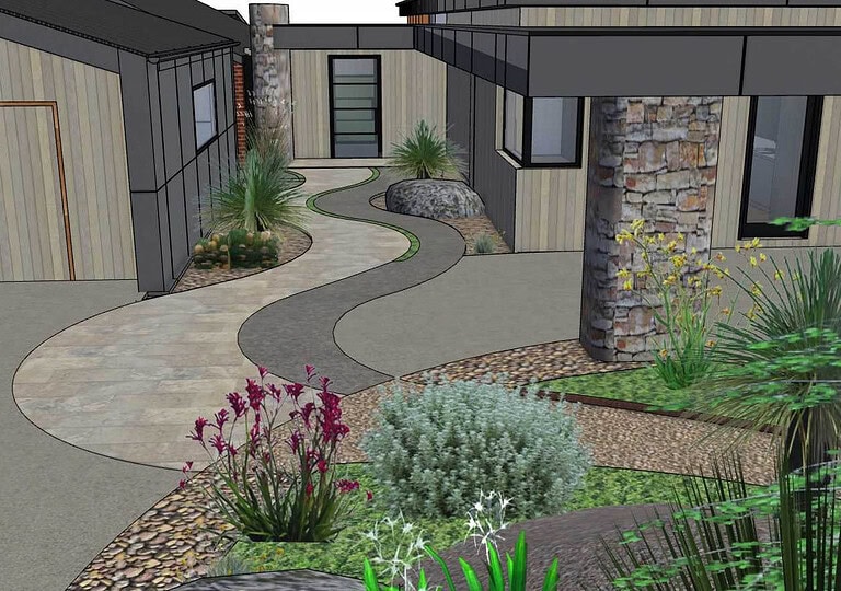3D landscape design render showing curved pathways and native plantings for contemporary garden at Mount Sturgeon, Dunkeld