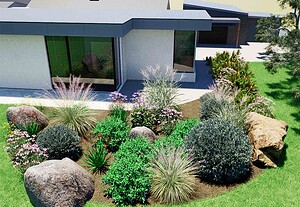 Contemporary native garden with mounded planting beds, sculptural boulders and modern house at Mount Sturgeon, Dunkeld
