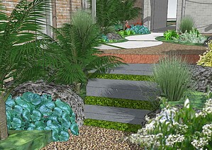 Contemporary garden with curved stone steps, tropical plantings, and modern architectural elements in Ballarat landscape design
