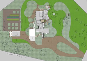 Top-down landscape design plan showing curved pathways, circular features, native plantings and outdoor living areas