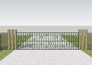 Conceptual design rendering of black steel entrance gate with circular decorative elements and timber posts on gravel driveway