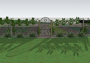 Arched steel garden gate with decorative circles and climbing vines in residential fence design